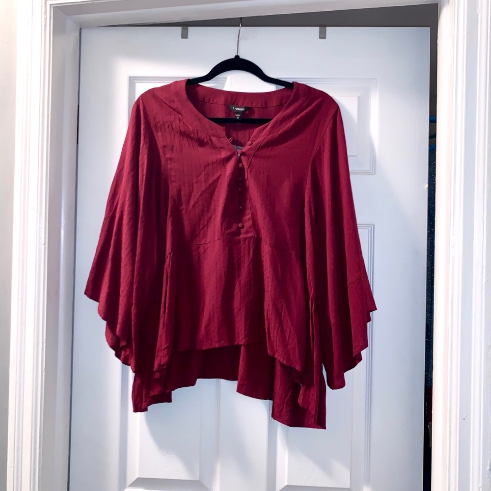 NWT Express Red Dolman Sleeve Draped Blouse XL Split Neck Button Front